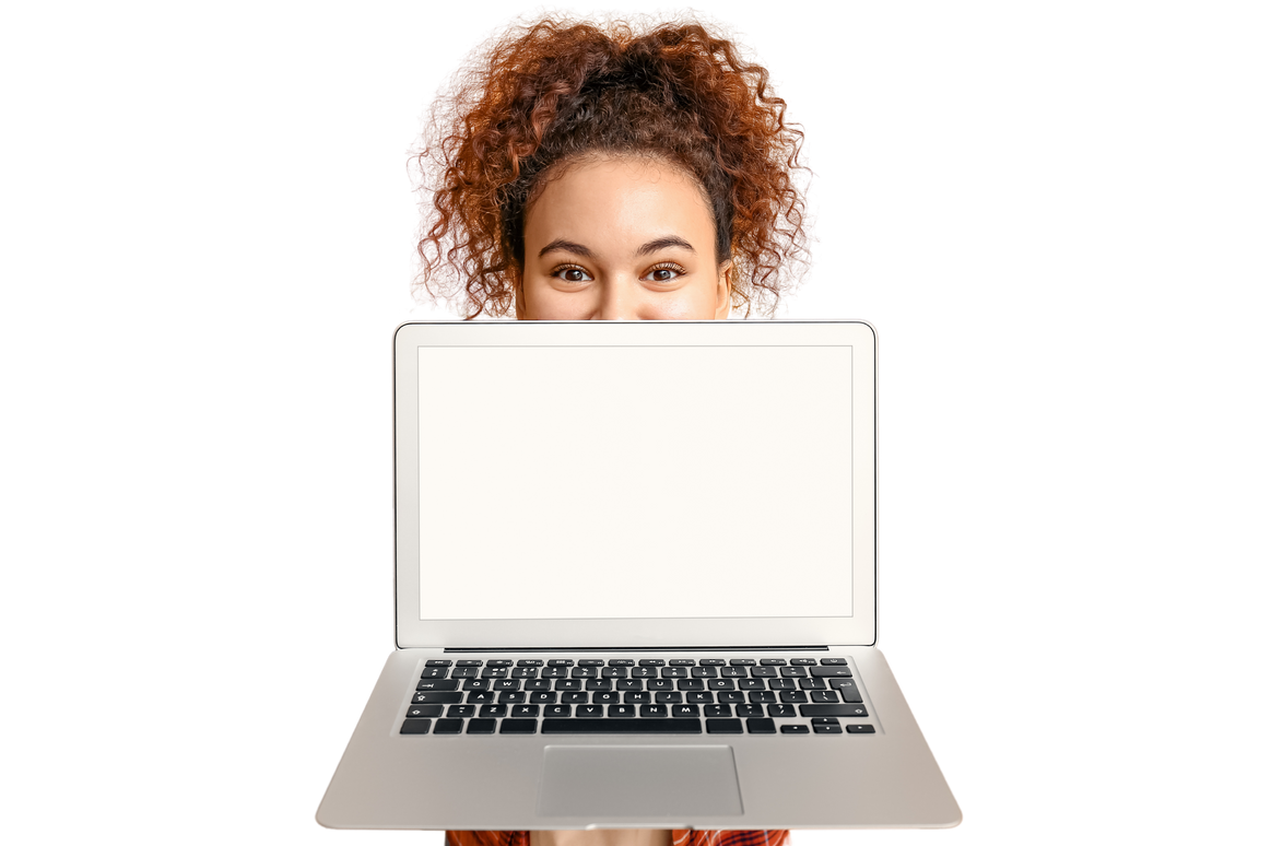 Young Woman with Laptop on Orange Background